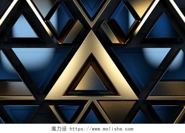 蓝色三角形与金色和银色几何背景立体AI插画